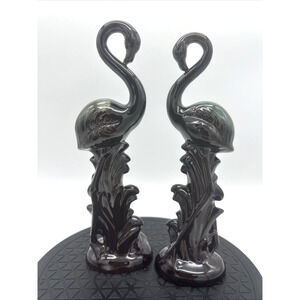 Vintage MCM Redware Ceramic Brown Green Glaze Pair Of Swans Japan